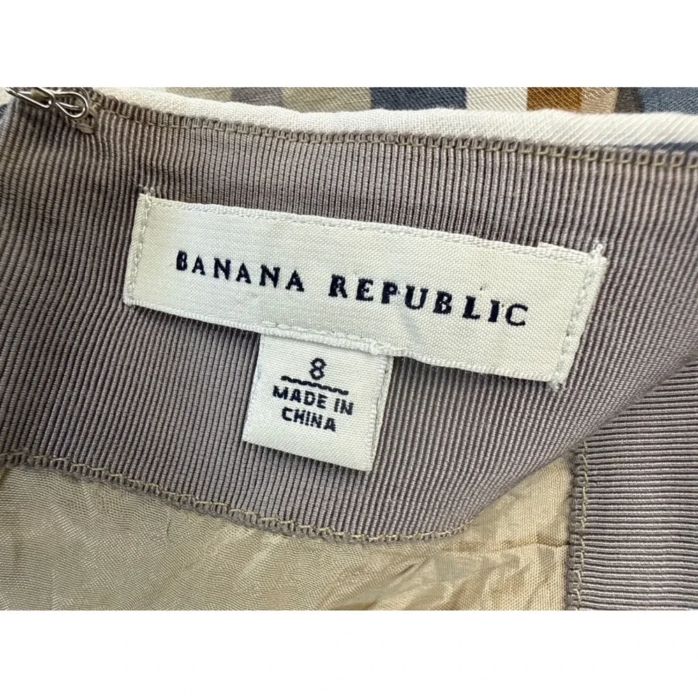 Banana Republic Striped Full Skirt Womens 8 Taupe Linen Blend Luxe Pockets Lined